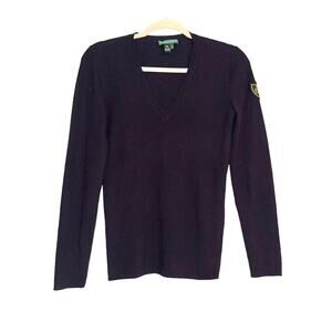 Ralph Lauren Jeans Company Wool Ribbed V-Neck Purple Sweater Top MEDIUM W/ Crest